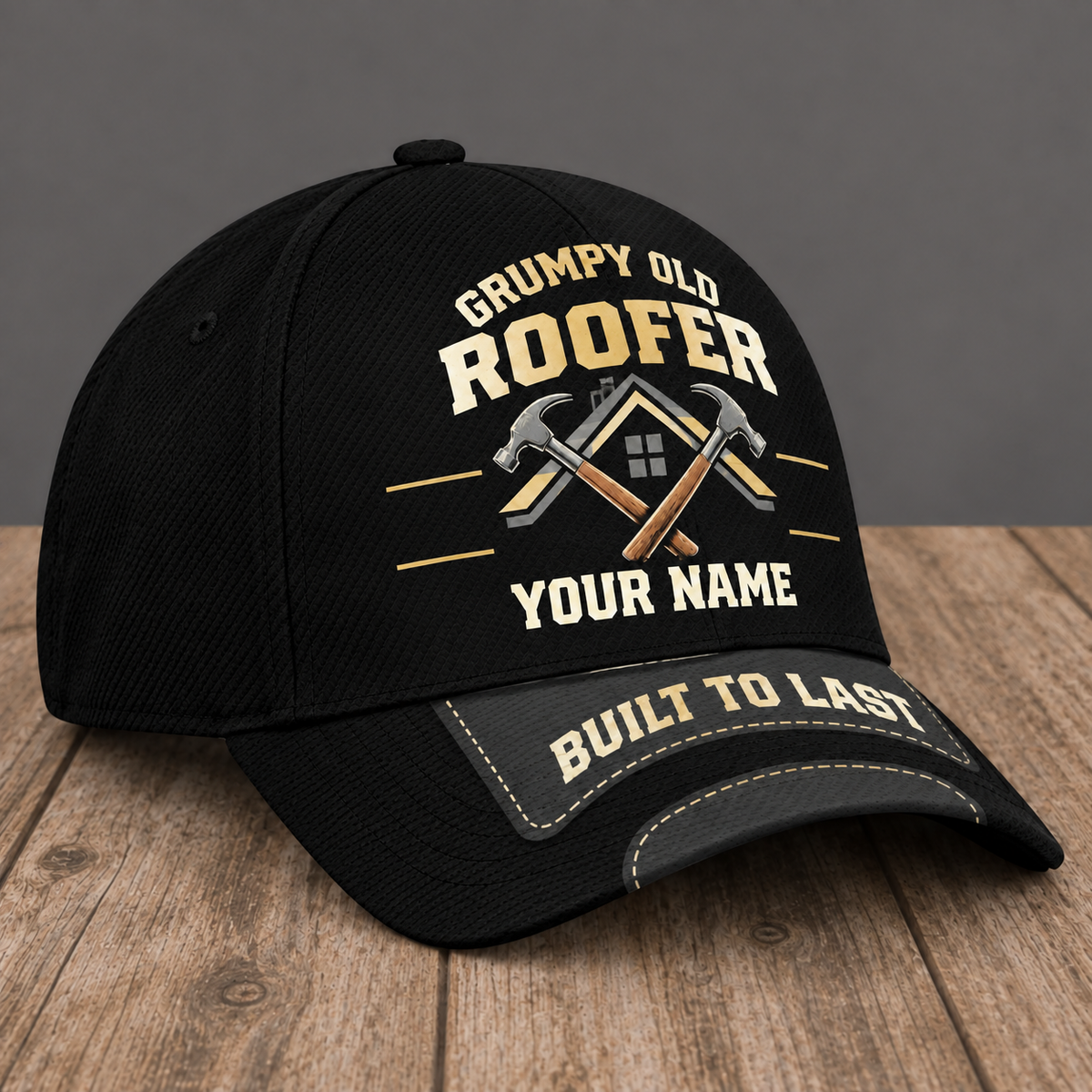 Personalized Roofer Grumpy Old baseball cap, three-quarter view with custom name