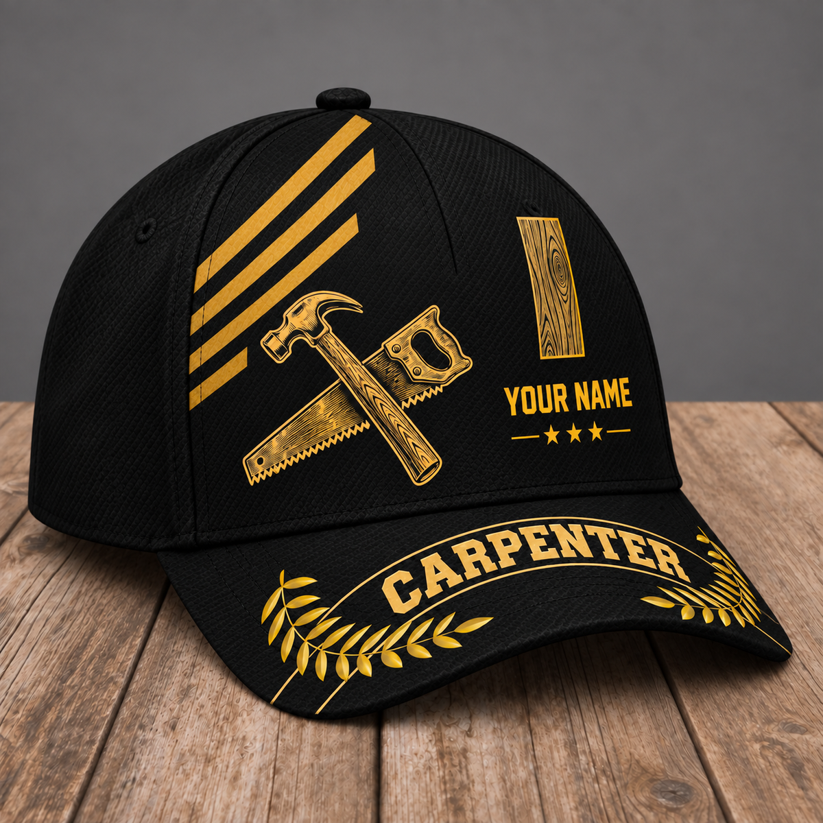 Personalized Carpenter Asymmetric Gold baseball cap, three-quarter view with custom name