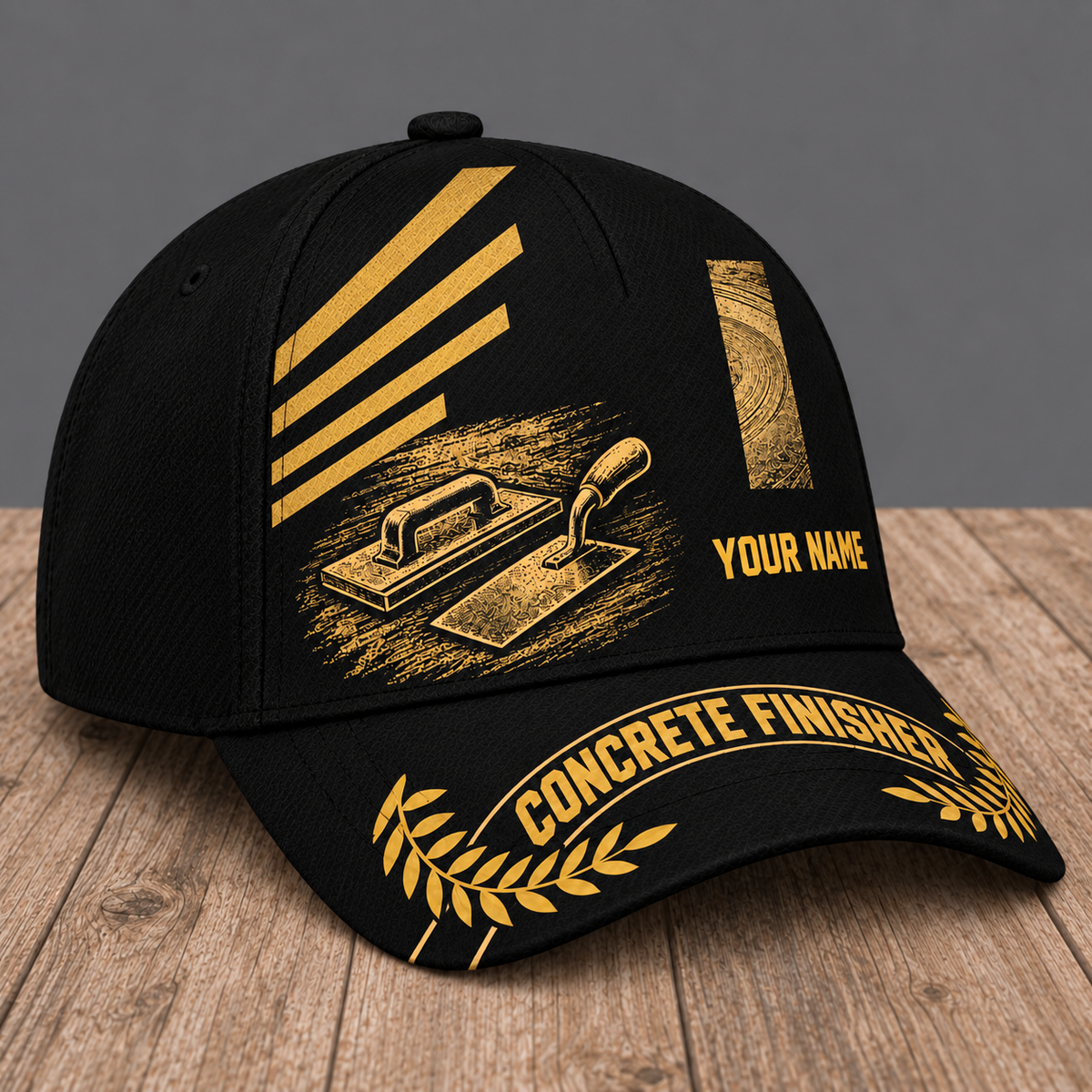 Personalized Concrete Finisher Asymmetric Gold baseball cap, three-quarter view with custom name