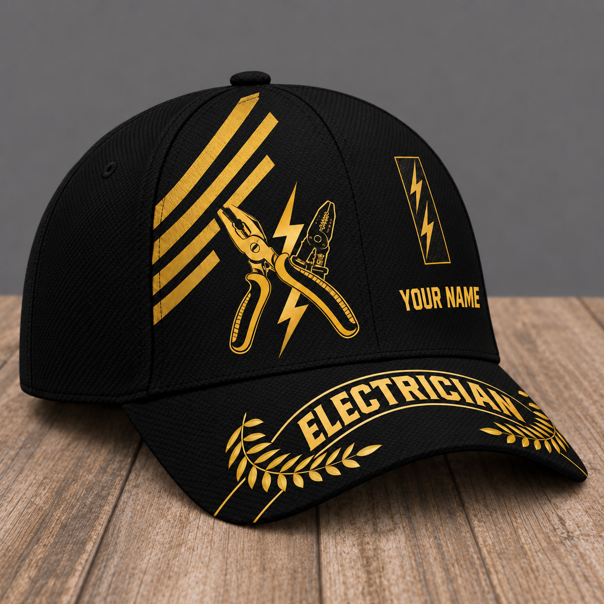 Personalized Electrician Asymmetric Gold baseball cap, three-quarter view with custom name