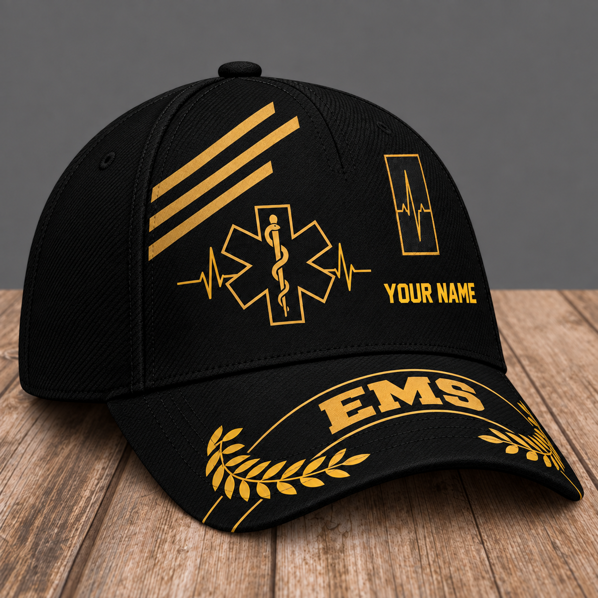 Personalized EMS Asymmetric Gold baseball cap, three-quarter view with custom name