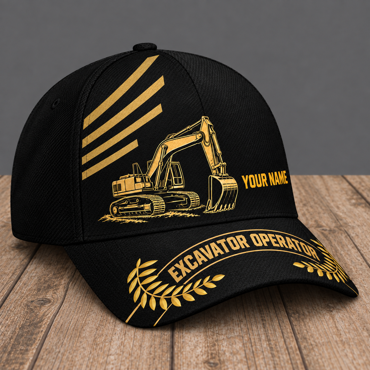 Personalized Excavator Operator Asymmetric Gold baseball cap, three-quarter view with custom name