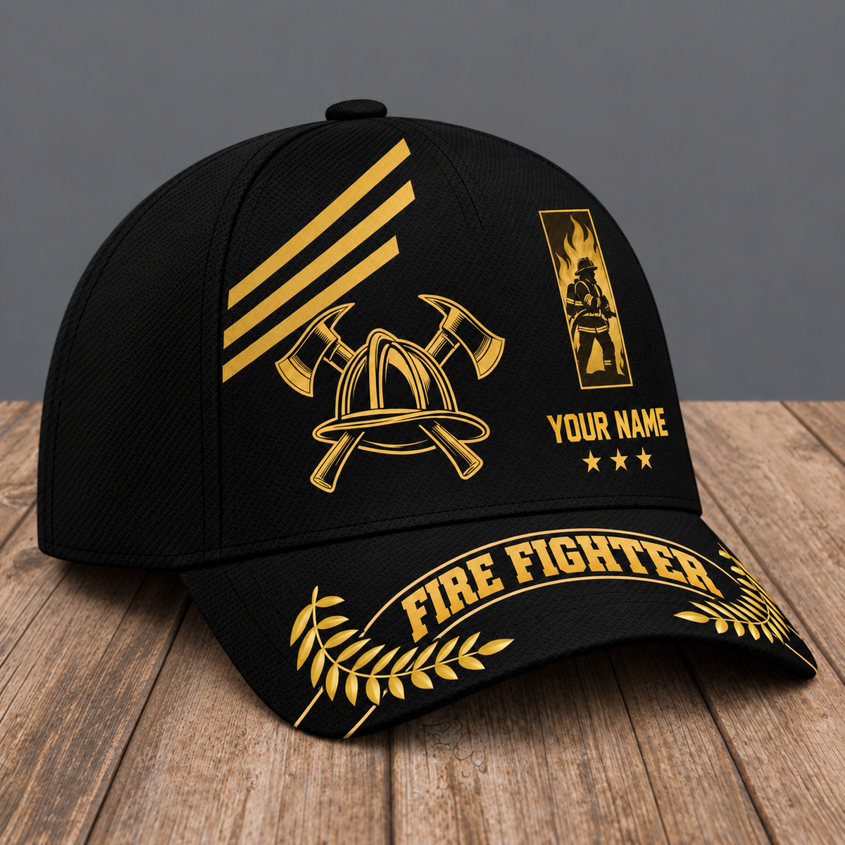 Personalized Fire Fighter Asymmetric Gold baseball cap, three-quarter view with custom name