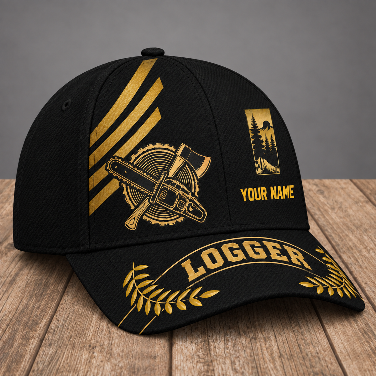 Personalized Logger Asymmetric Gold baseball cap, three-quarter view with custom name
