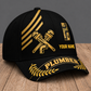 Personalized Plumber Asymmetric Gold baseball cap, three-quarter view with custom name