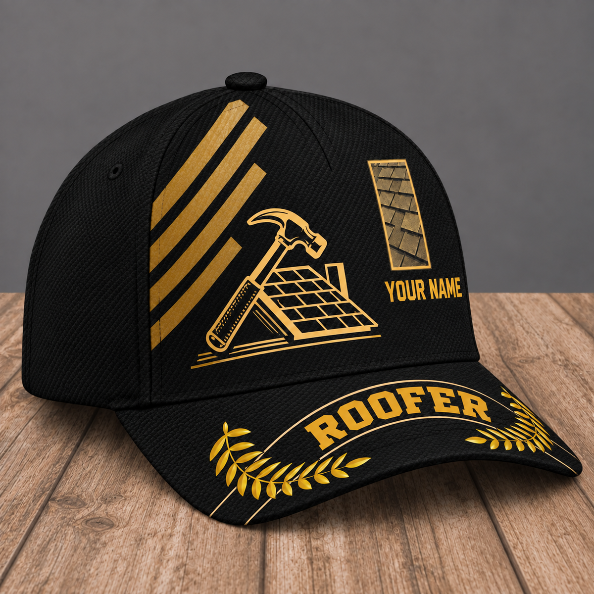 Personalized Roofer Asymmetric Gold baseball cap, three-quarter view with custom name