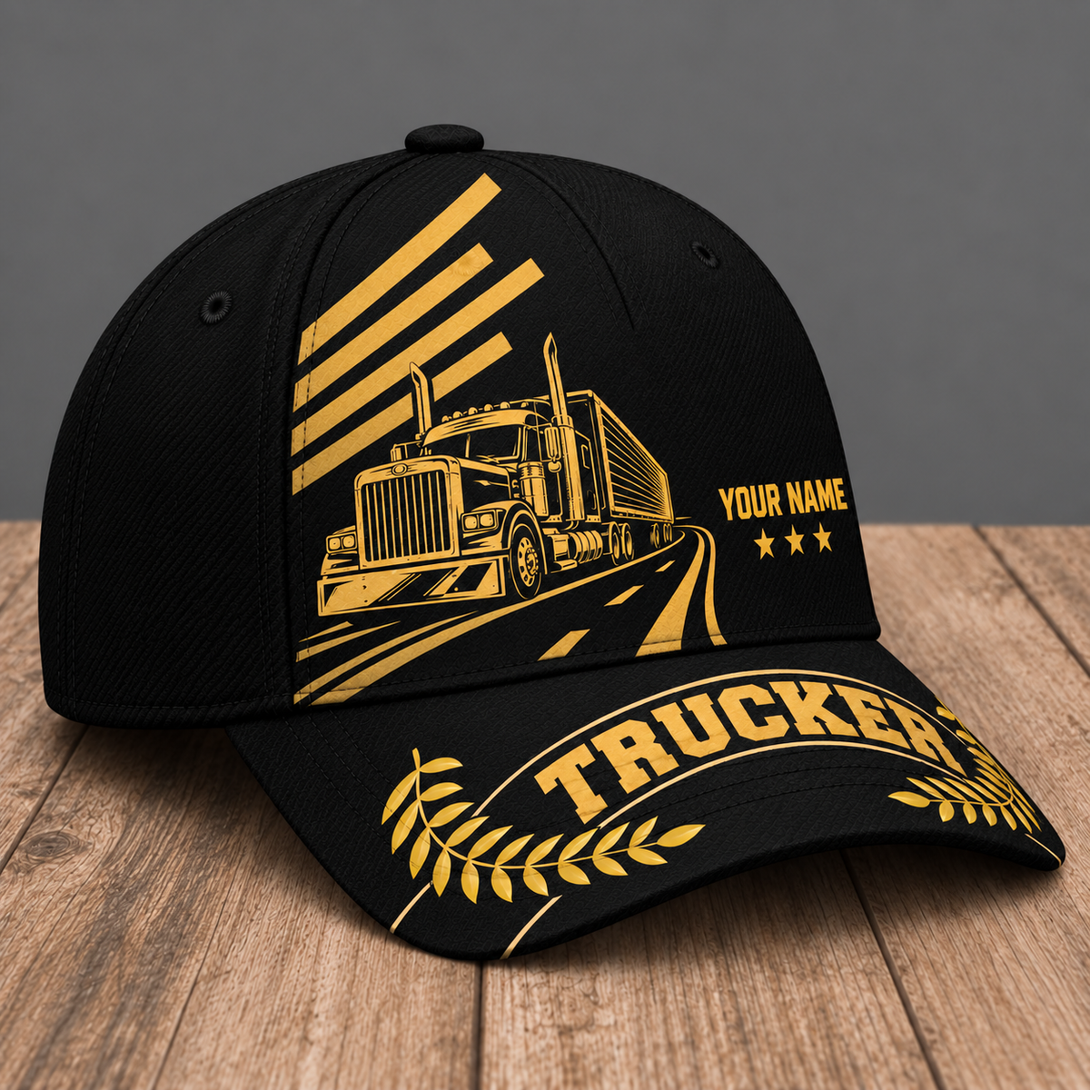 Personalized Trucker Asymmetric Gold baseball cap, three-quarter view with custom name