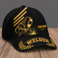 Personalized Welder Asymmetric Gold baseball cap, three-quarter view with custom name