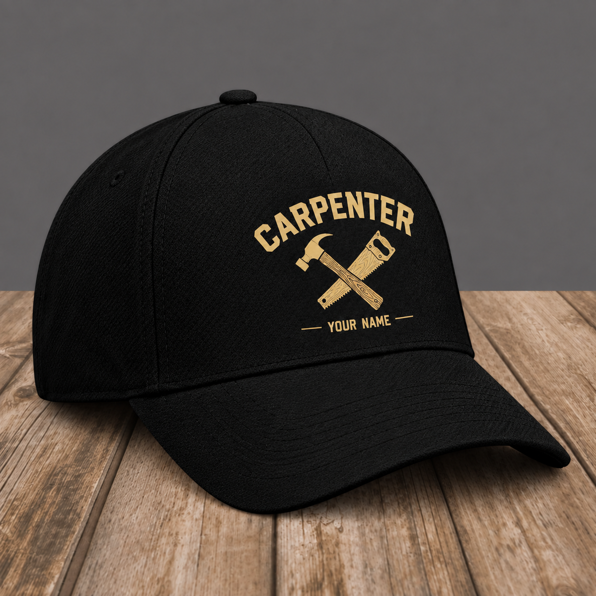 Personalized Carpenter Minimal Gold Emblem baseball cap, three-quarter view with custom name