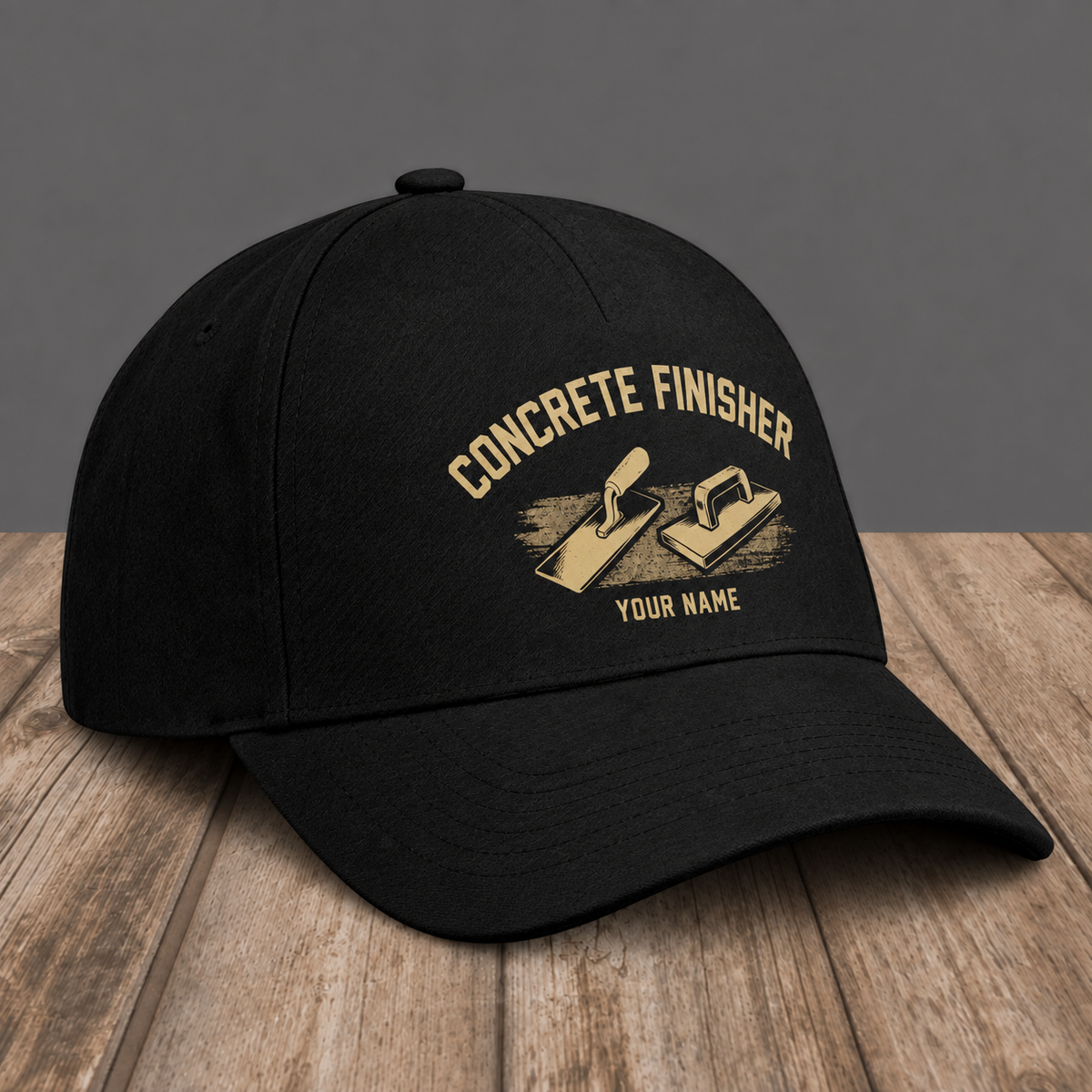 Personalized Concrete Finisher Minimal Gold Emblem baseball cap, three-quarter view with custom name