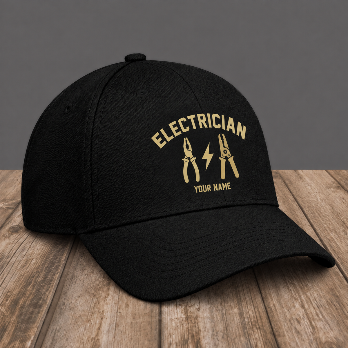 Personalized Electrician Minimal Gold Emblem baseball cap, three-quarter view with custom name