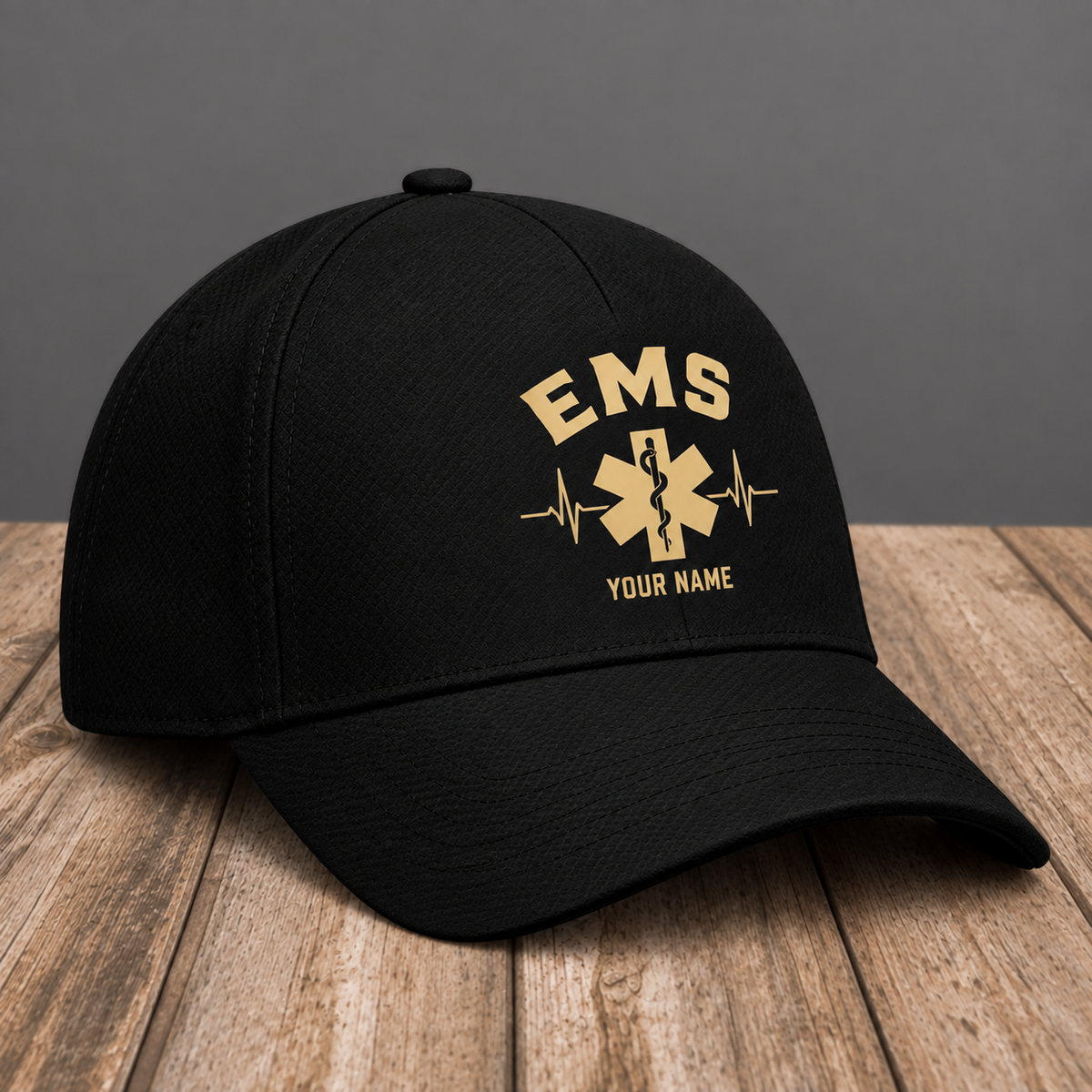 Personalized EMS Minimal Gold Emblem baseball cap, three-quarter view with custom name
