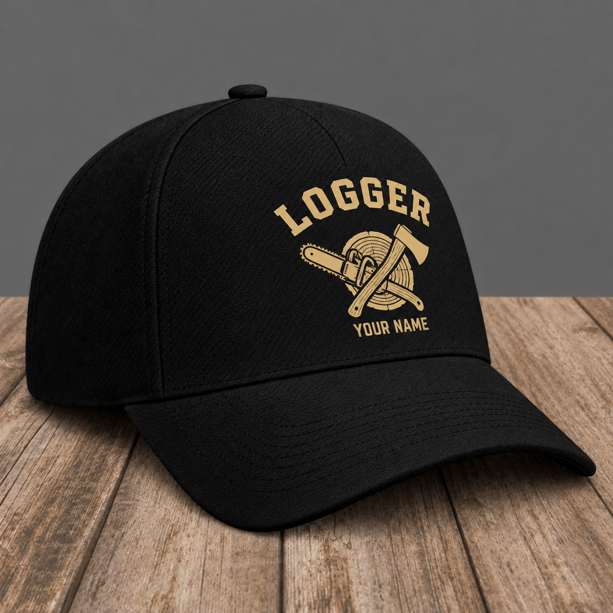 Personalized Logger Minimal Gold Emblem baseball cap, three-quarter view with custom name