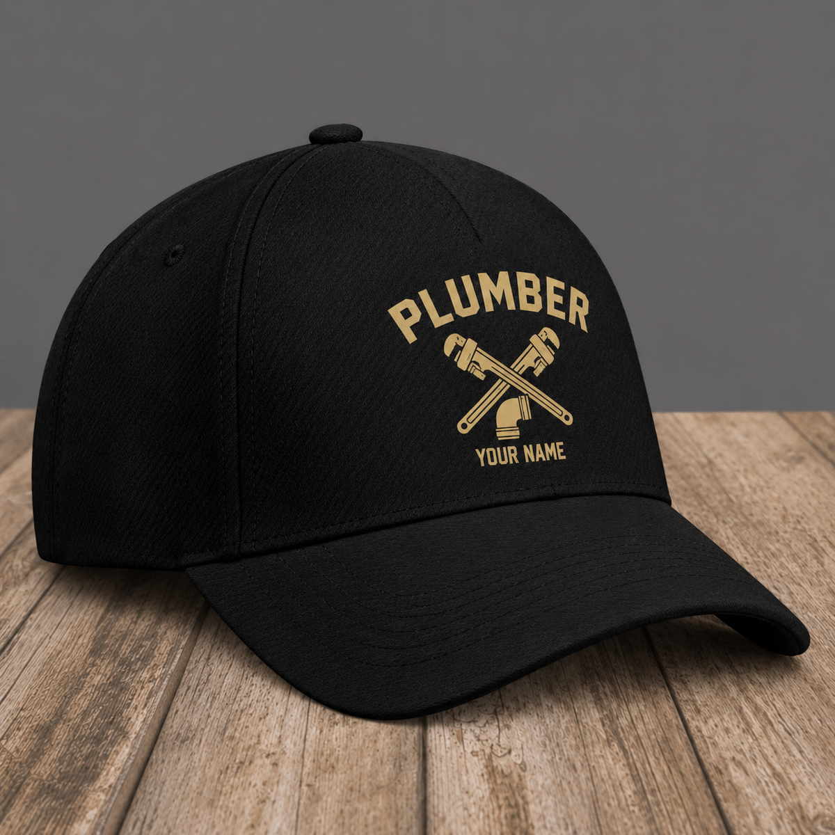 Personalized Plumber Minimal Gold Emblem baseball cap, three-quarter view with custom name