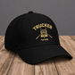 Personalized Trucker Minimal Gold Emblem baseball cap, three-quarter view with custom name
