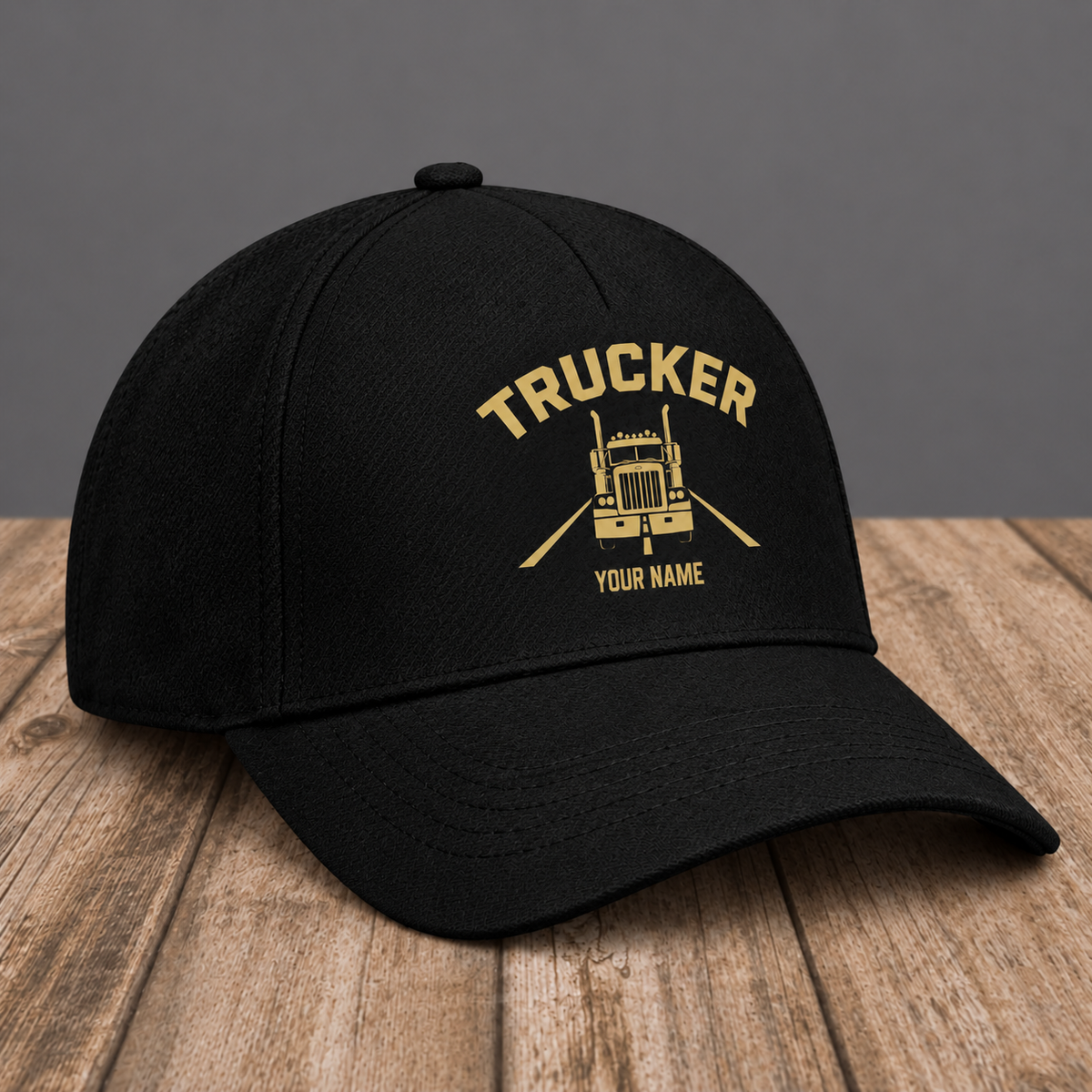 Personalized Trucker Minimal Gold Emblem baseball cap, three-quarter view with custom name