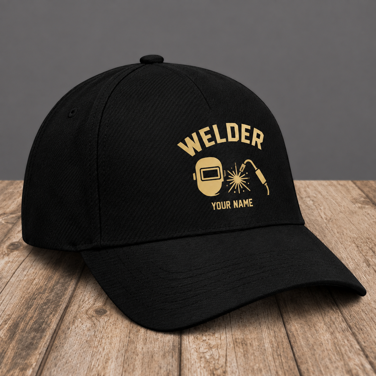 Personalized Welder Minimal Gold Emblem baseball cap, three-quarter view with custom name