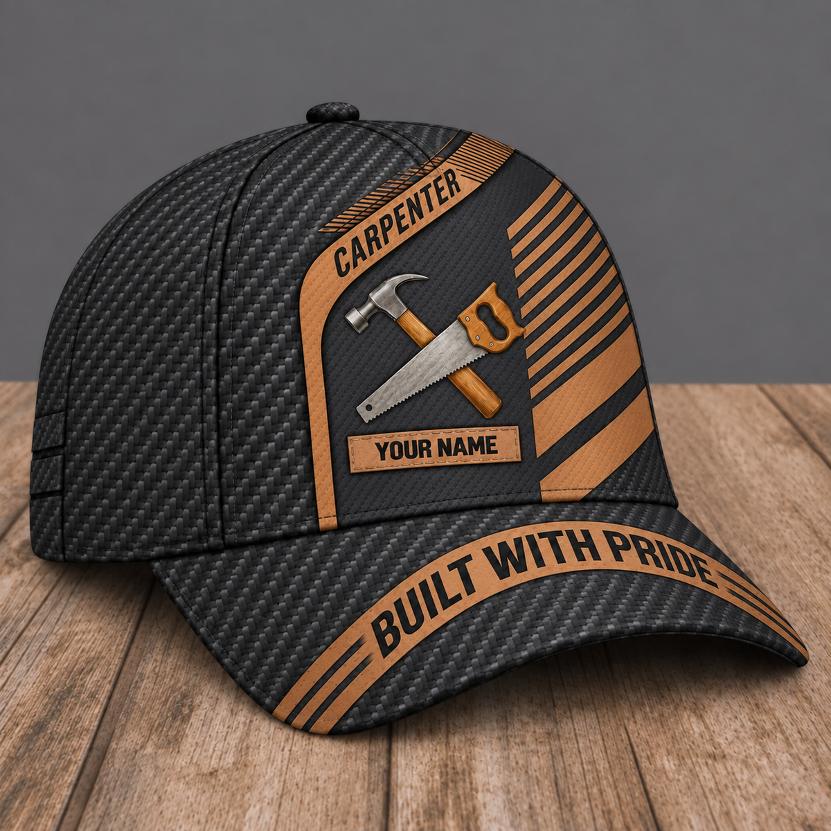 Personalized Carpenter Diagonal Workshop baseball cap, three-quarter view with custom name