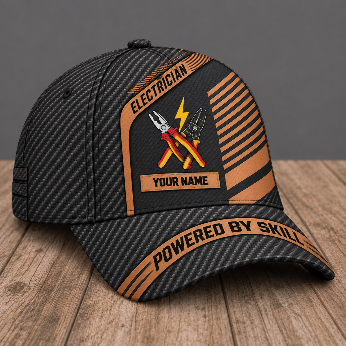 Personalized Electrician Diagonal Workshop baseball cap, three-quarter view with custom name