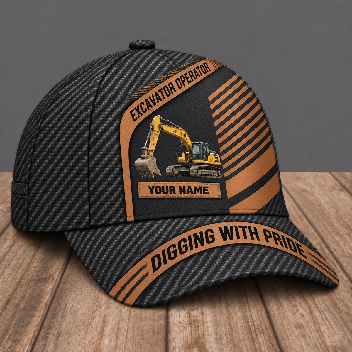 Personalized Excavator Operator Diagonal Workshop baseball cap, three-quarter view with custom name
