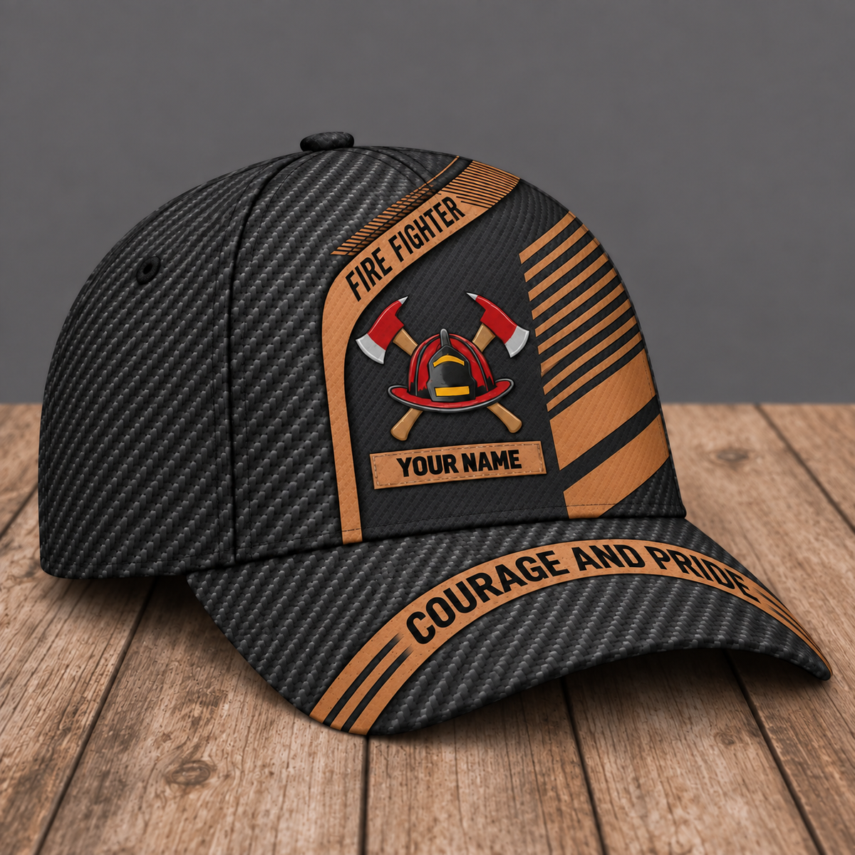 Personalized Fire Fighter Diagonal Workshop baseball cap, three-quarter view with custom name