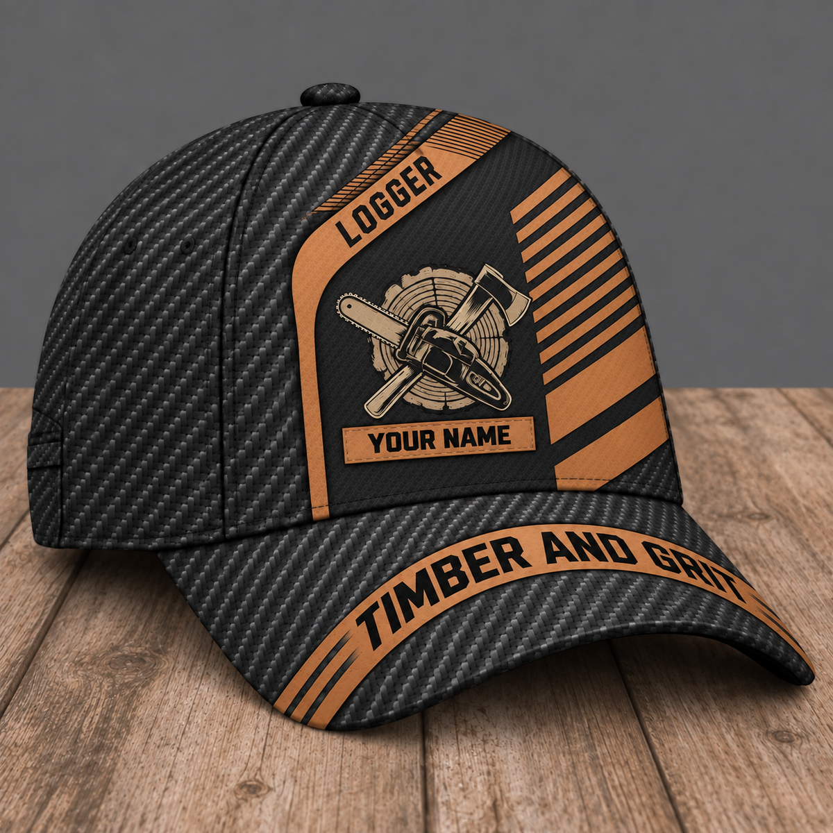 Personalized Logger Diagonal Workshop baseball cap, three-quarter view with custom name