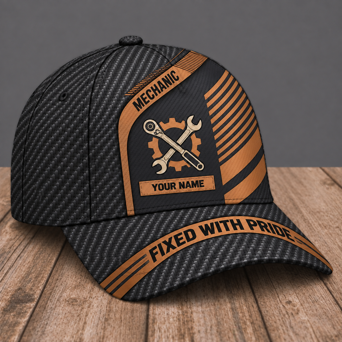 Personalized Mechanic Diagonal Workshop baseball cap, three-quarter view with custom name