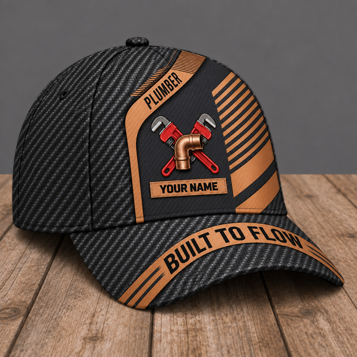 Personalized Plumber Diagonal Workshop baseball cap, three-quarter view with custom name