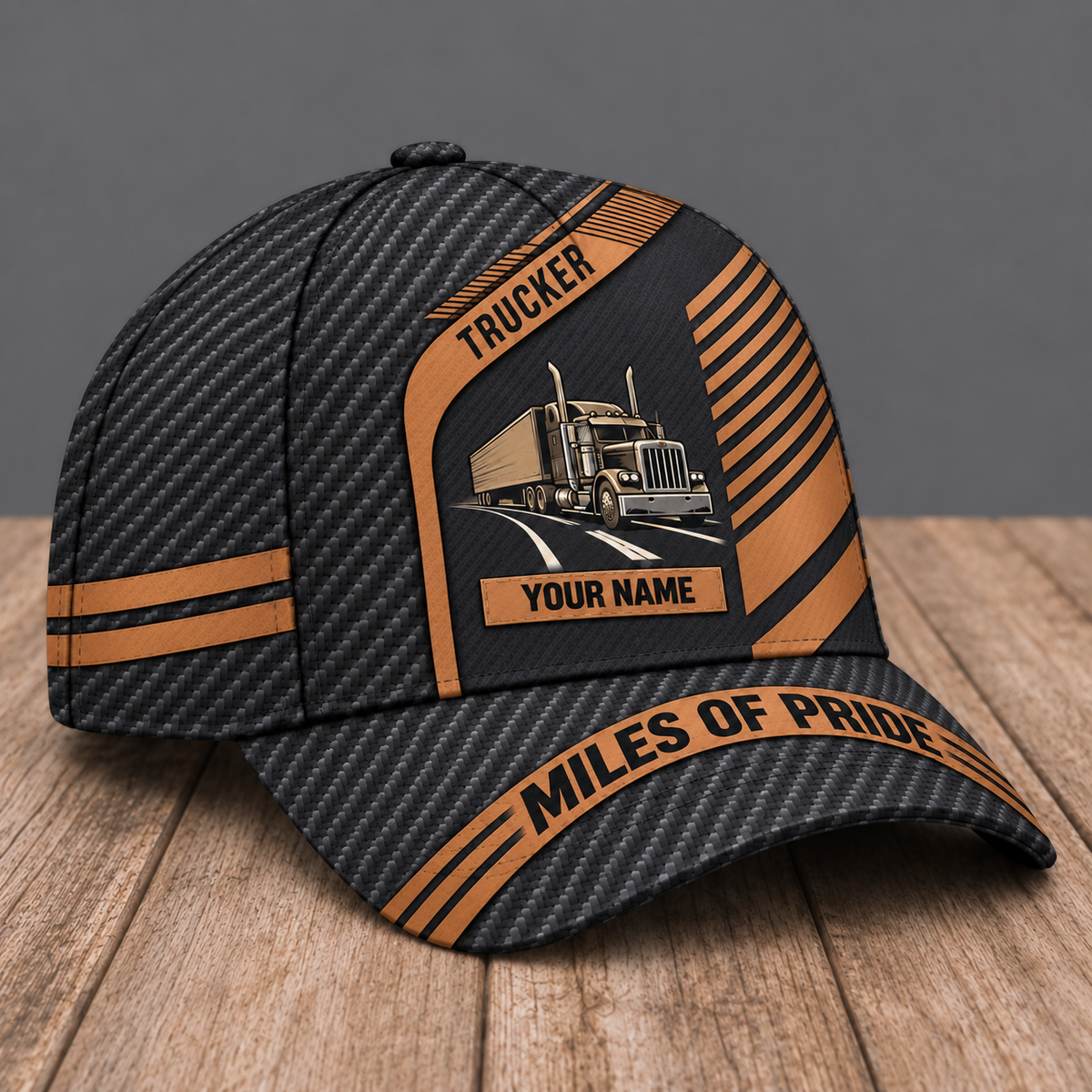 Personalized Trucker Diagonal Workshop baseball cap, three-quarter view with custom name