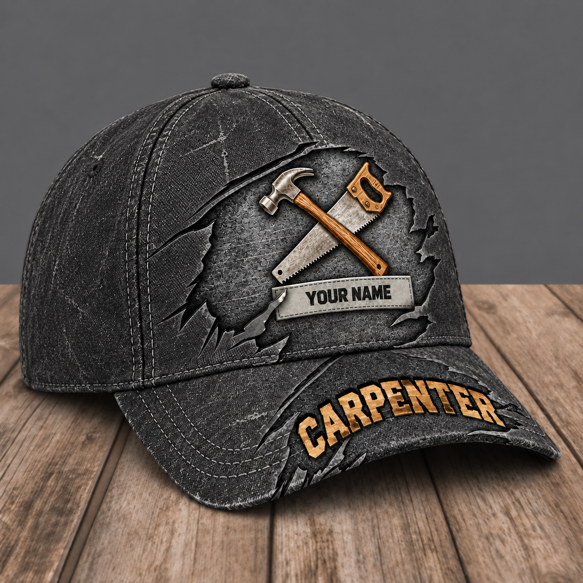 Personalized Carpenter Rugged Workshop baseball cap, three-quarter view with custom name