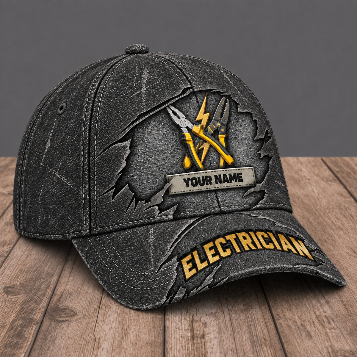 Personalized Electrician Rugged Workshop baseball cap, three-quarter view with custom name