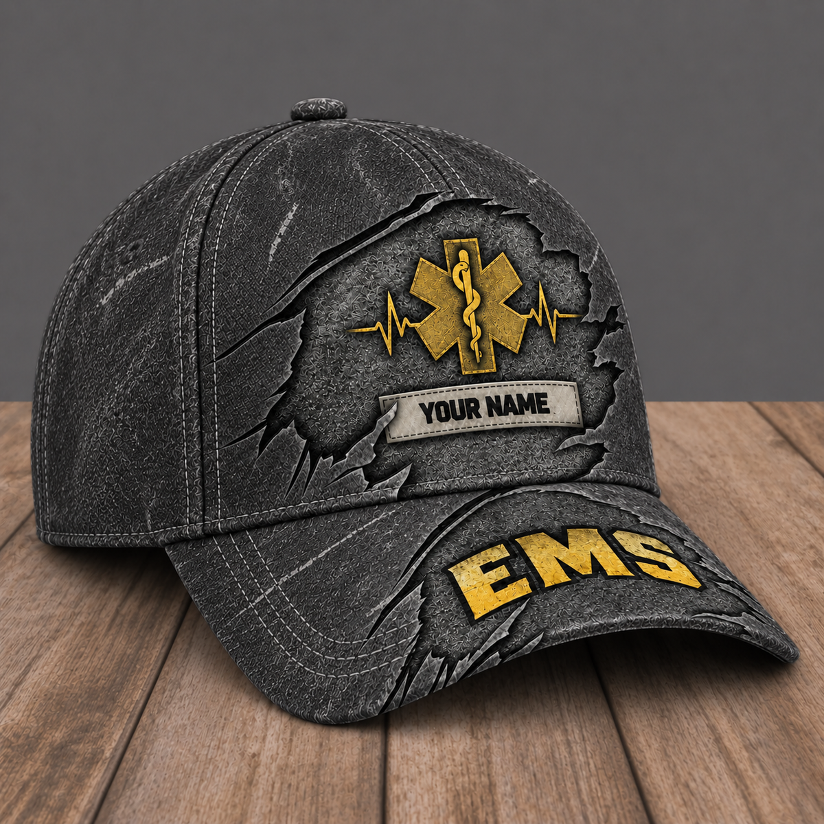 Personalized EMS Rugged Workshop baseball cap, three-quarter view with custom name