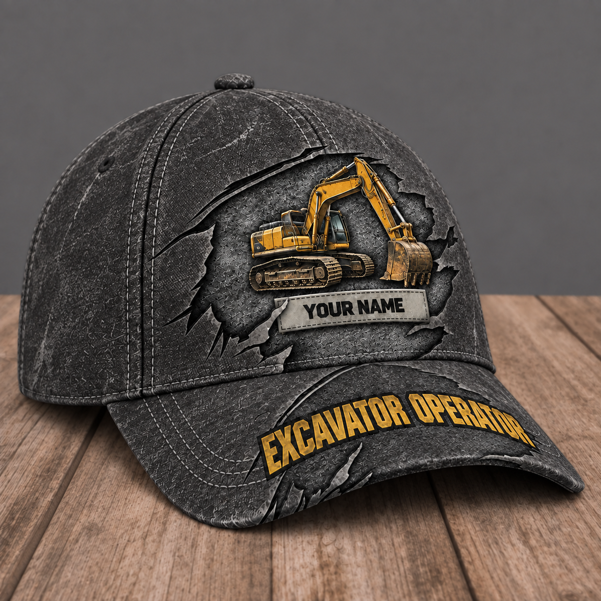 Personalized Excavator Operator Rugged Workshop baseball cap, three-quarter view with custom name