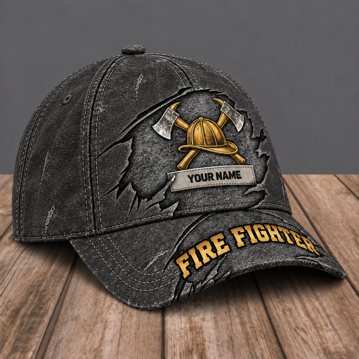 Personalized Fire Fighter Rugged Workshop baseball cap, three-quarter view with custom name