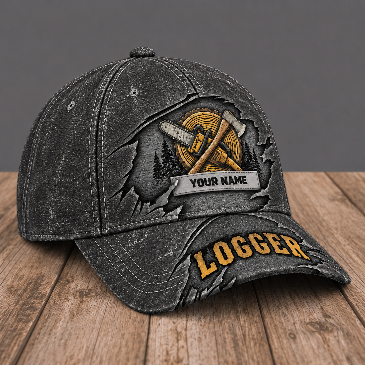 Personalized Logger Rugged Workshop baseball cap, three-quarter view with custom name