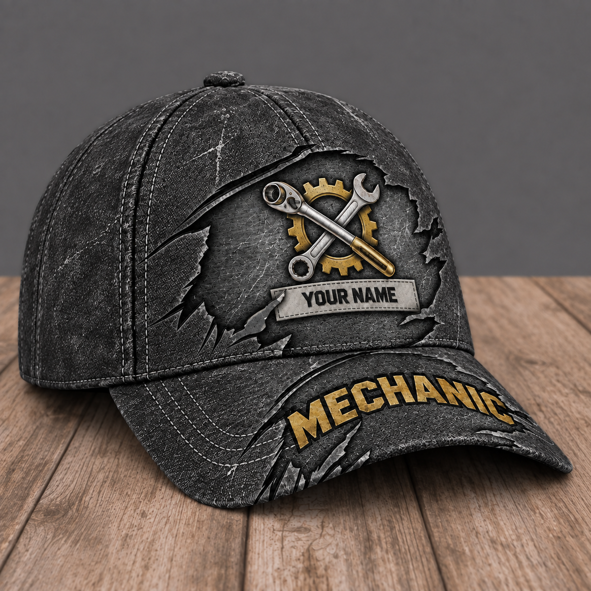 Personalized Mechanic Rugged Workshop baseball cap, three-quarter view with custom name