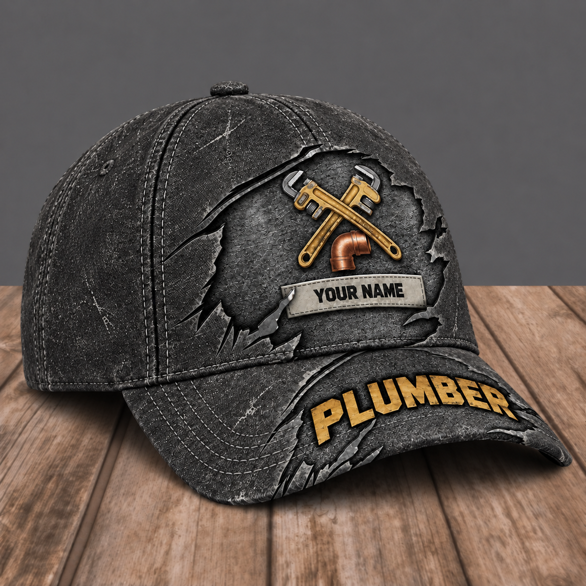 Personalized Plumber Rugged Workshop baseball cap, three-quarter view with custom name