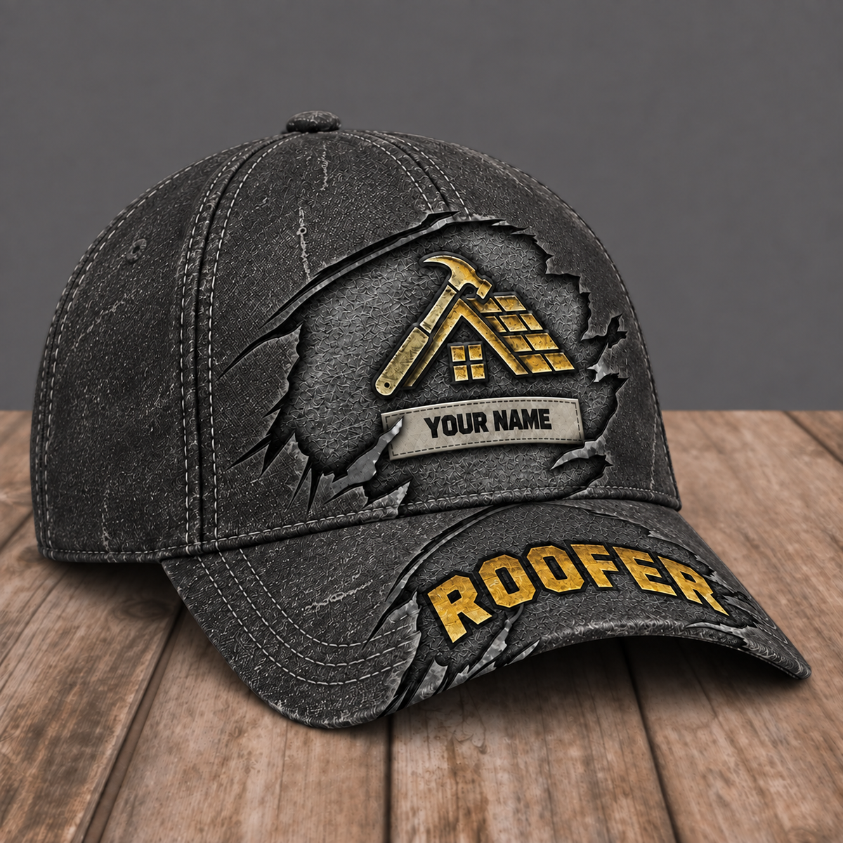 Personalized Roofer Rugged Workshop baseball cap, three-quarter view with custom name