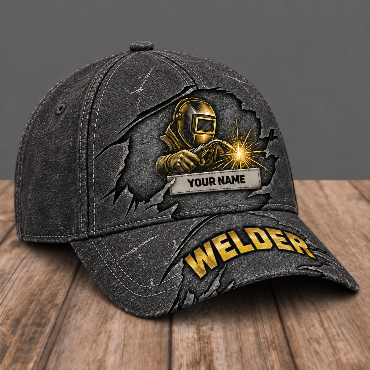 Personalized Welder Rugged Workshop baseball cap, three-quarter view with custom name
