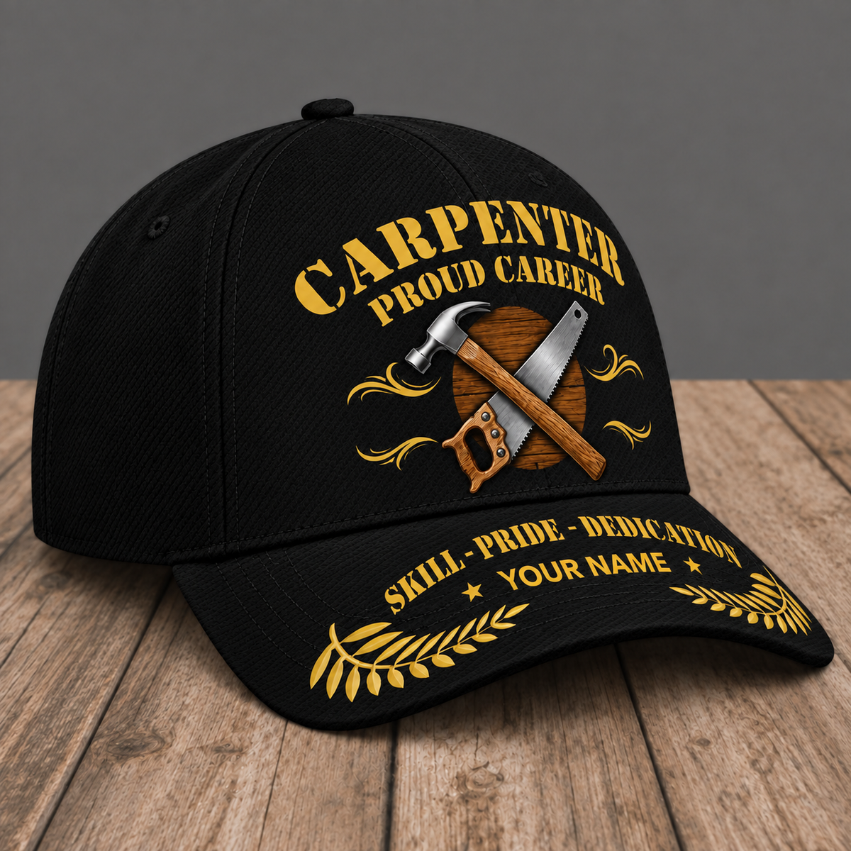 Personalized Carpenter Proud Career baseball cap, three-quarter view with custom name
