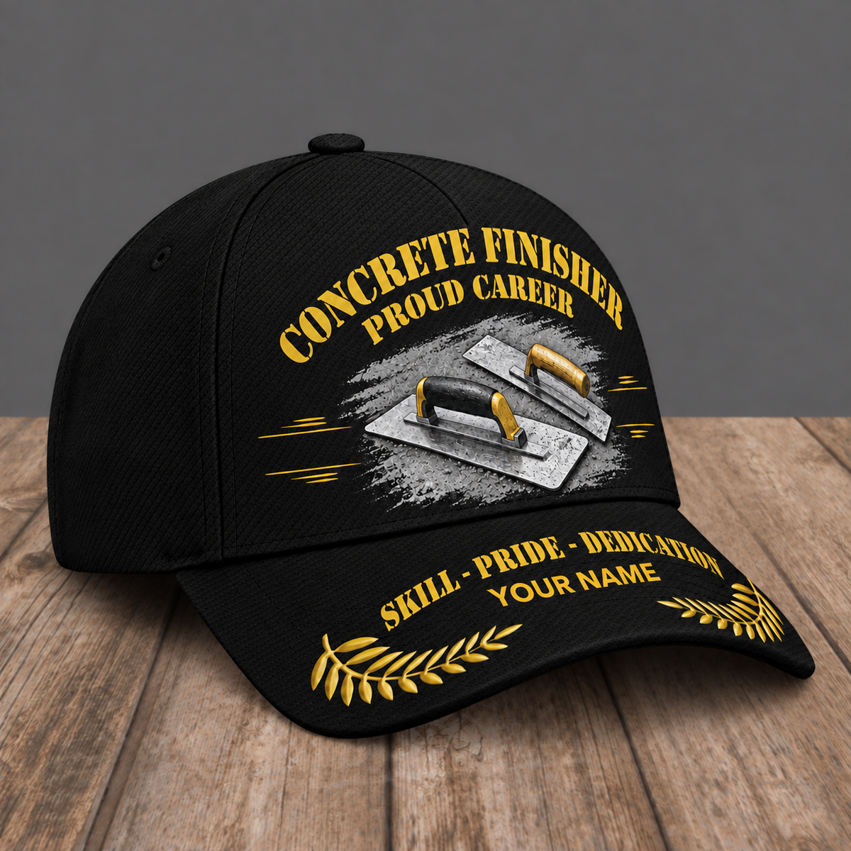 Personalized Concrete Finisher Proud Career baseball cap, three-quarter view with custom name