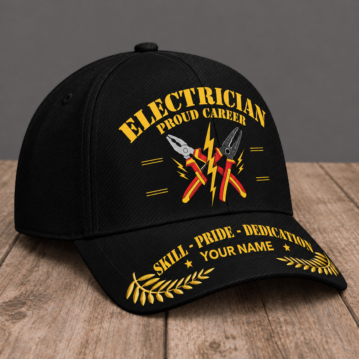 Personalized Electrician Proud Career baseball cap, three-quarter view with custom name