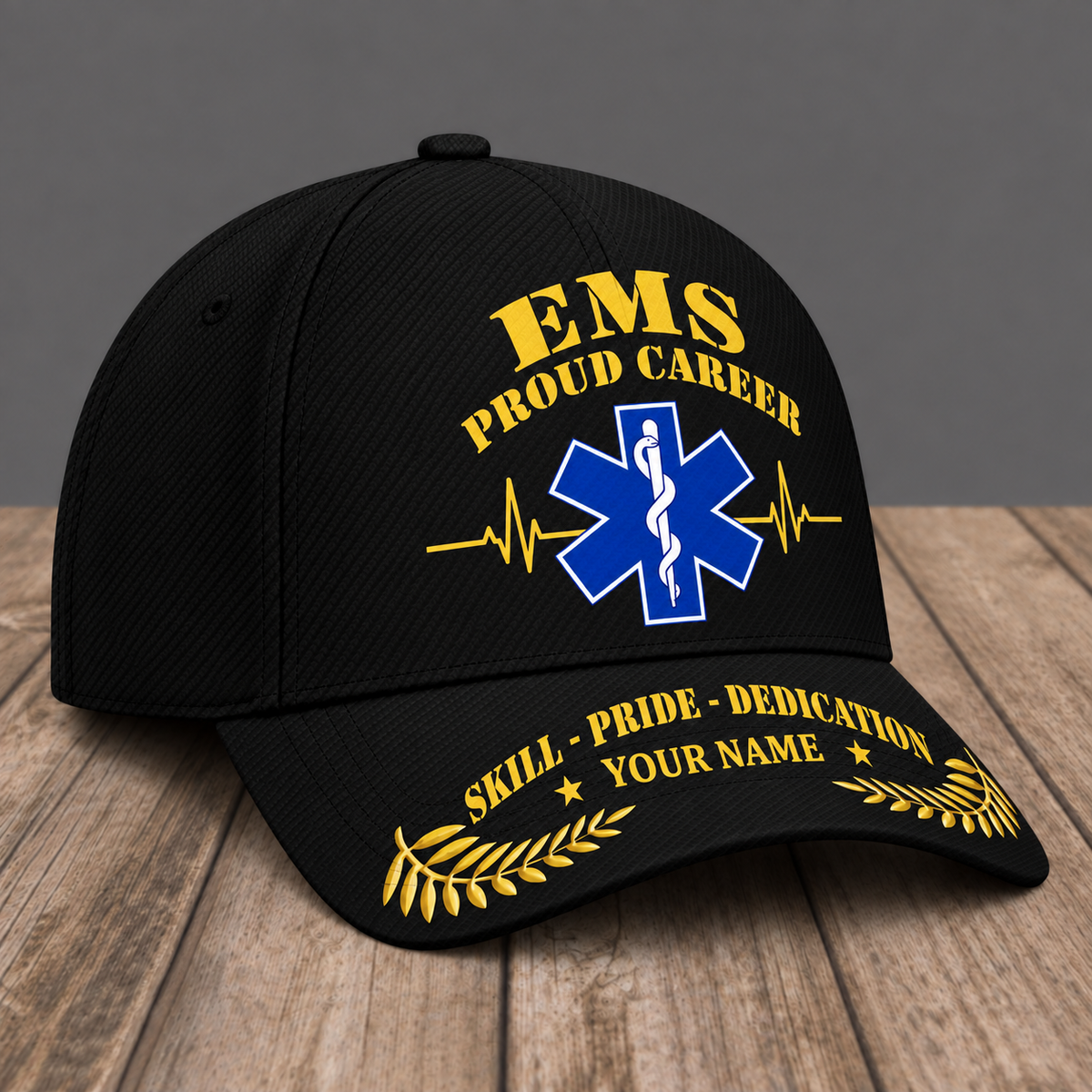 Personalized EMS Proud Career baseball cap, three-quarter view with custom name