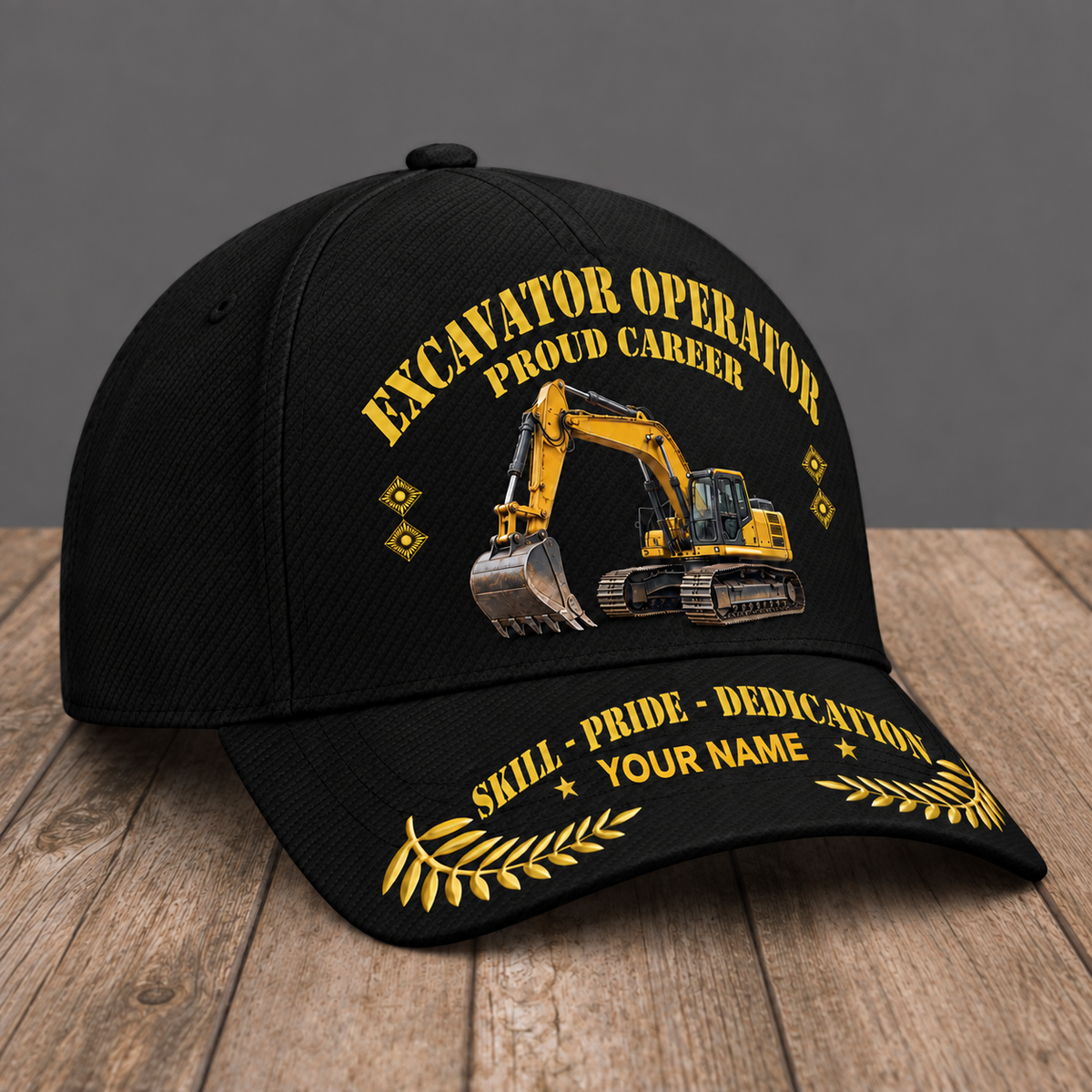 Personalized Excavator Operator Proud Career baseball cap, three-quarter view with custom name