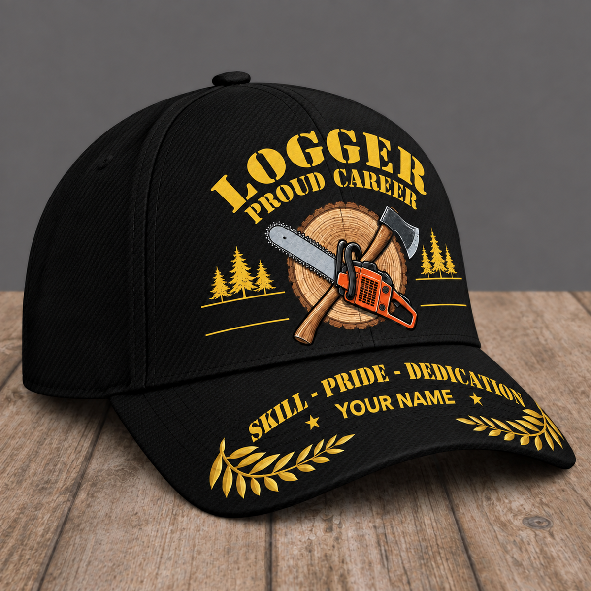 Personalized Logger Proud Career baseball cap, three-quarter view with custom name