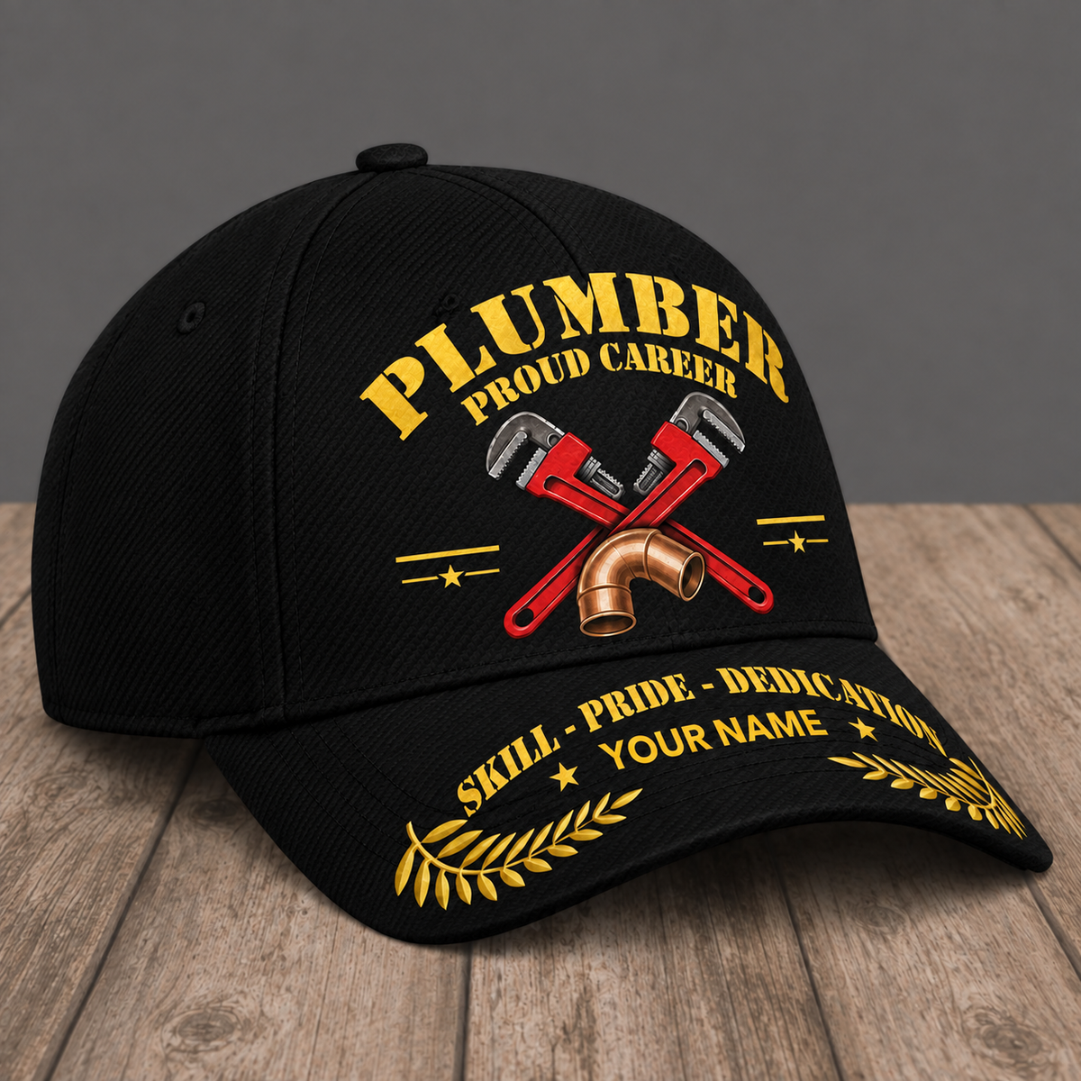Personalized Plumber Proud Career baseball cap, three-quarter view with custom name