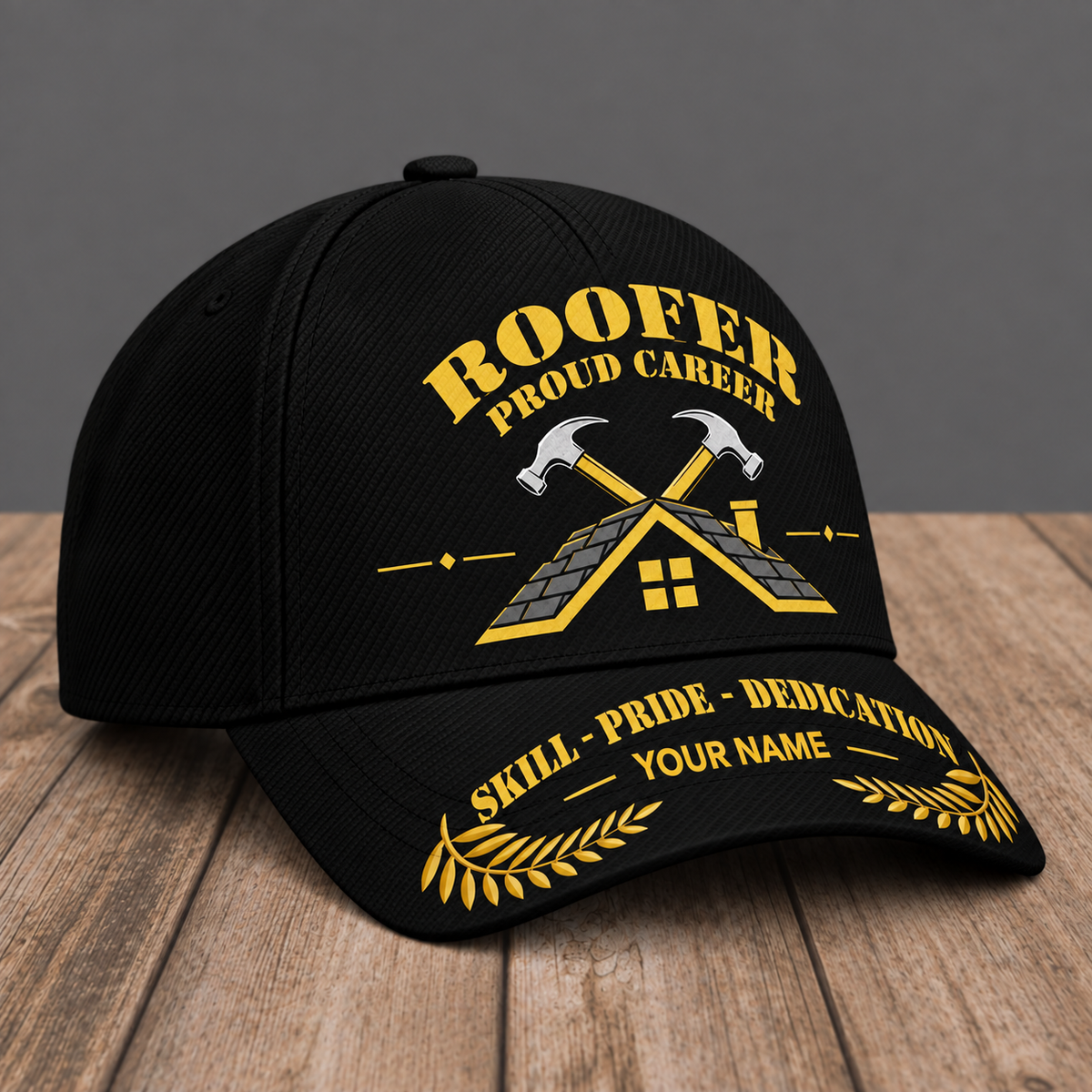 Personalized Roofer Proud Career baseball cap, three-quarter view with custom name