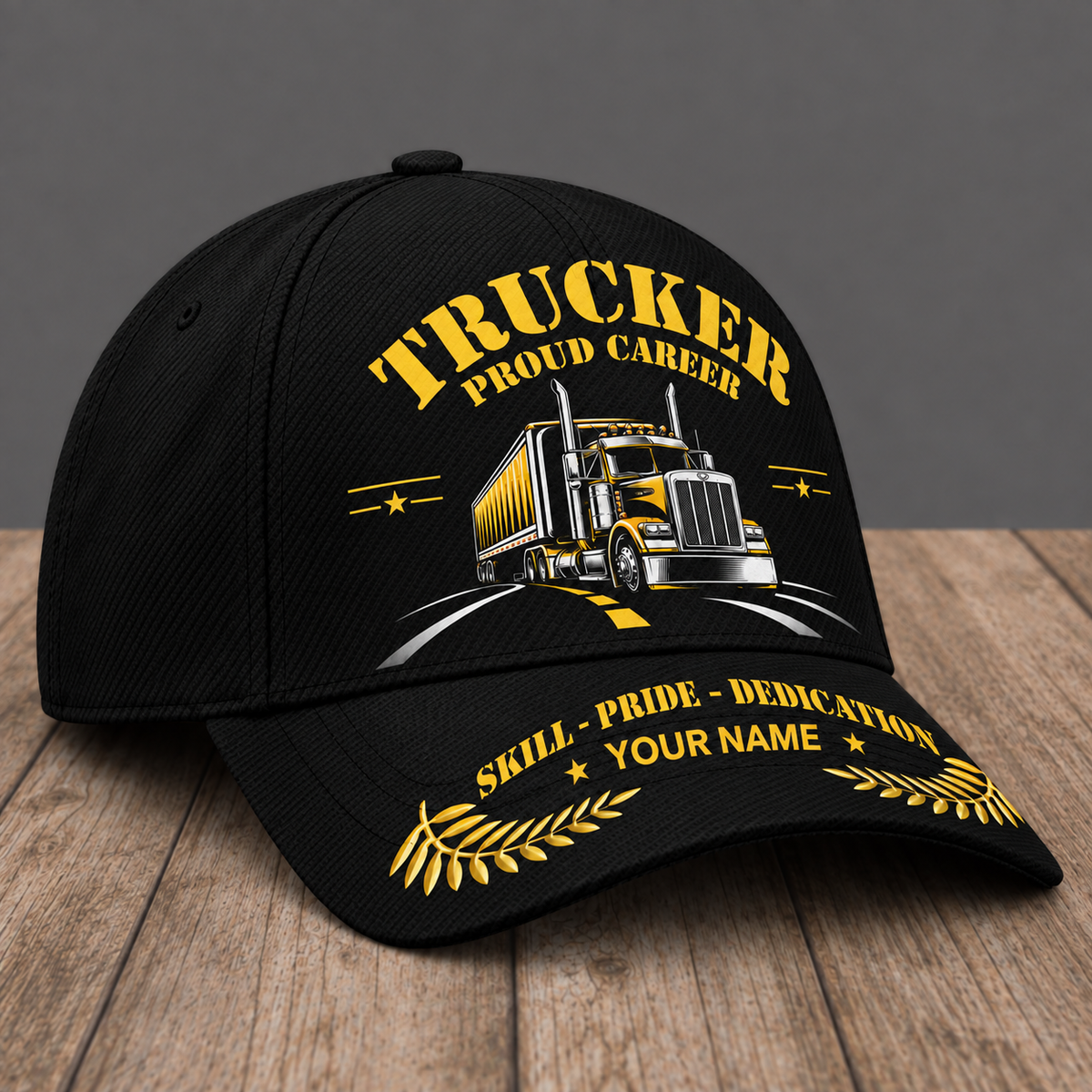 Personalized Trucker Proud Career baseball cap, three-quarter view with custom name