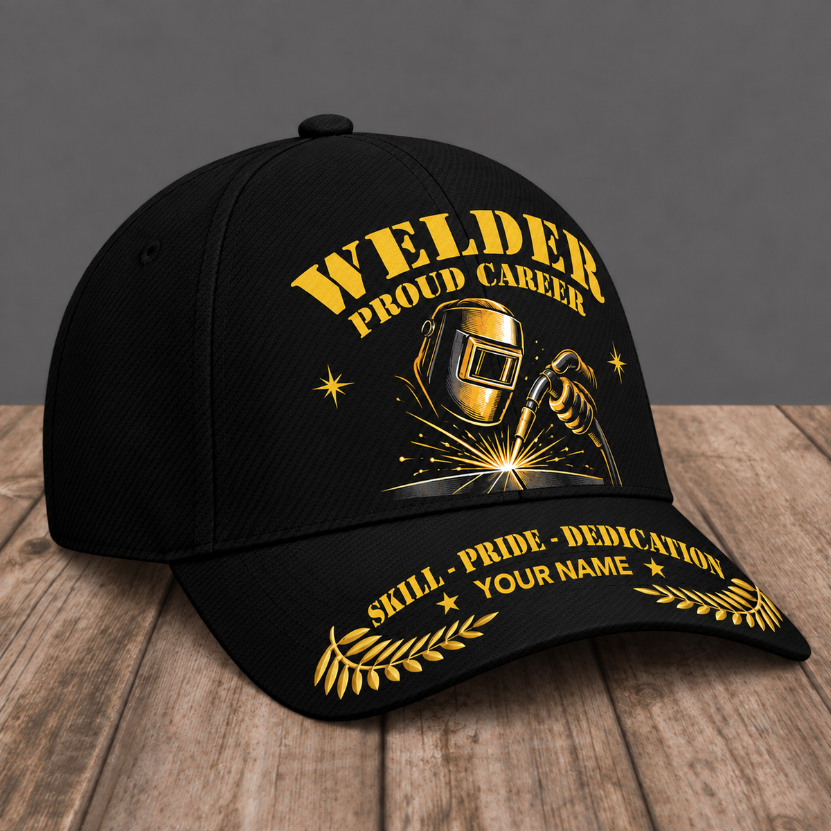 Personalized Welder Proud Career baseball cap, three-quarter view with custom name