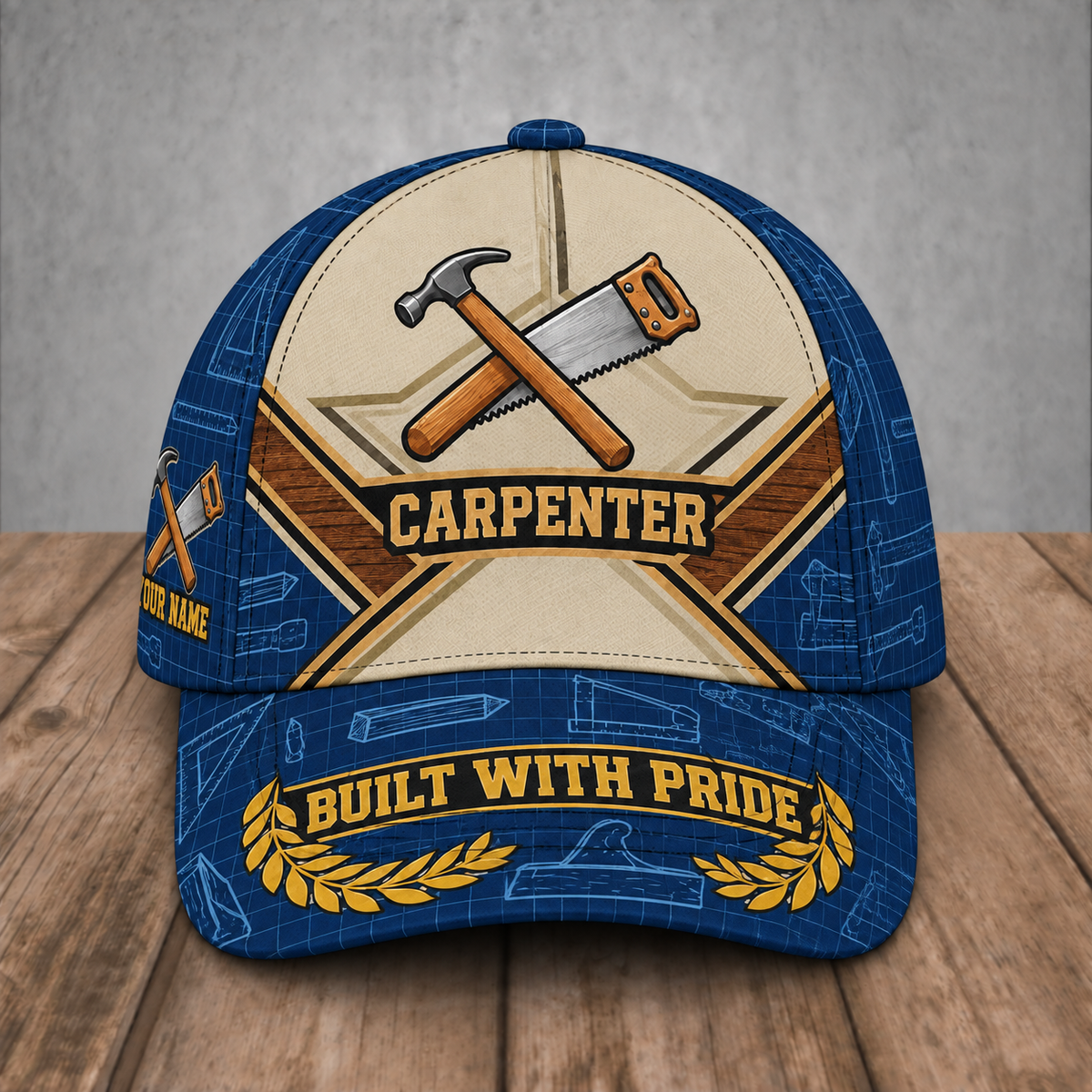 Personalized Carpenter Blueprint Geometry baseball cap, front view with custom name